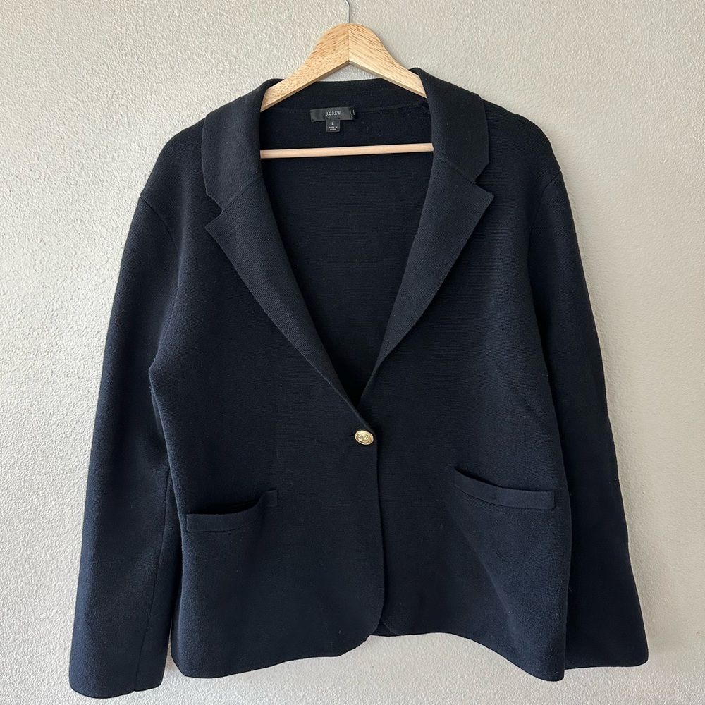 J Crew Blazer Black Cotton Wool Blend Stretch Cardigan Size L